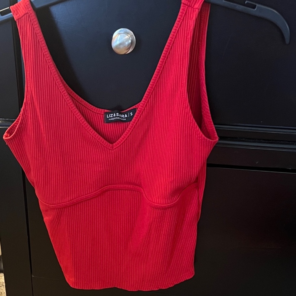 Red Ribbed V-Neck Top